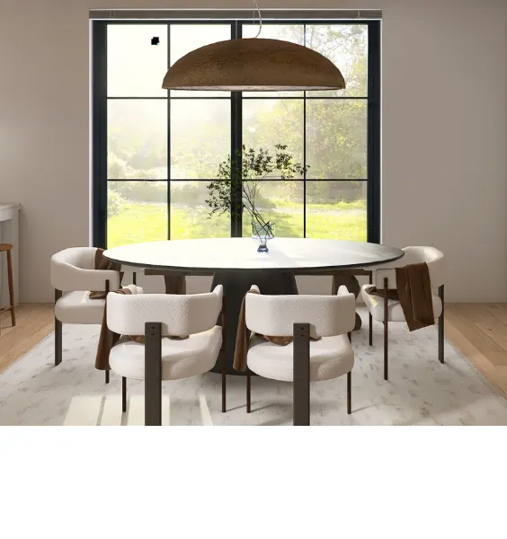 Bellevue interior design detail with round dining table boucle chairs