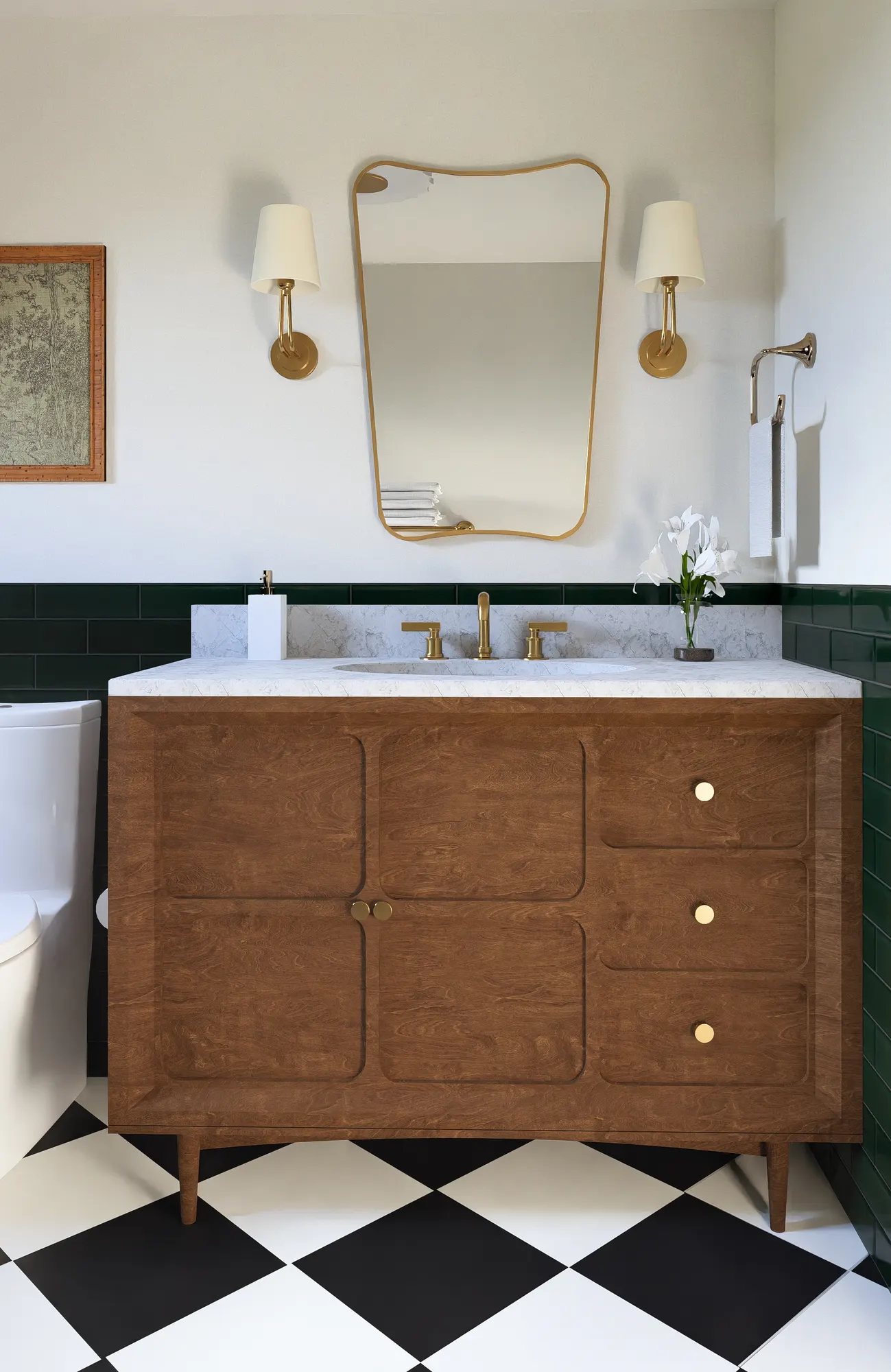 Ballard Reno featuring checkerboard floor walnut vanity bathroom