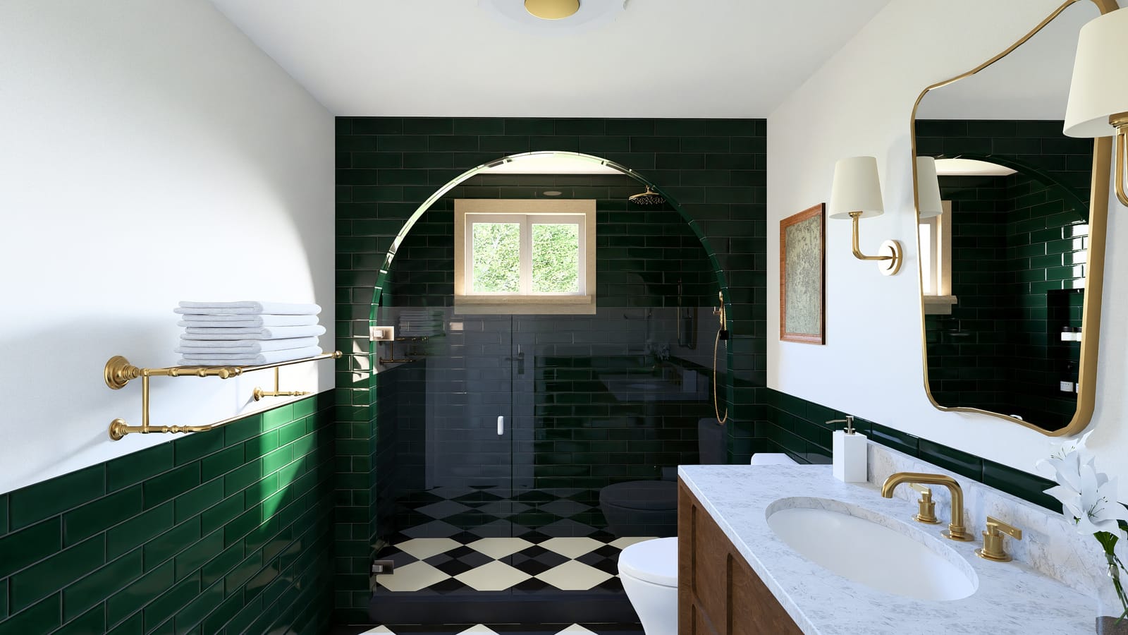 Ballard Reno featuring green tile arched shower bathroom