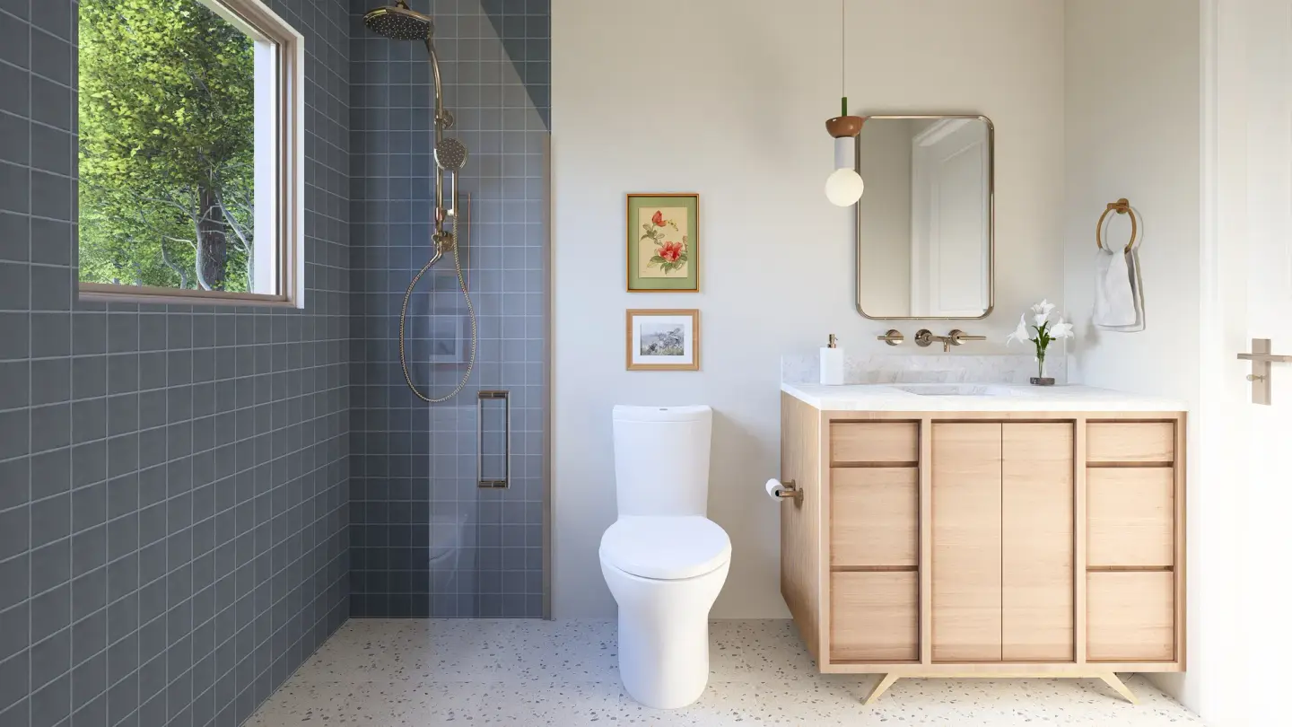 mid century blue 4x4 tile bathroom from Bellevue bathroom remodel design
