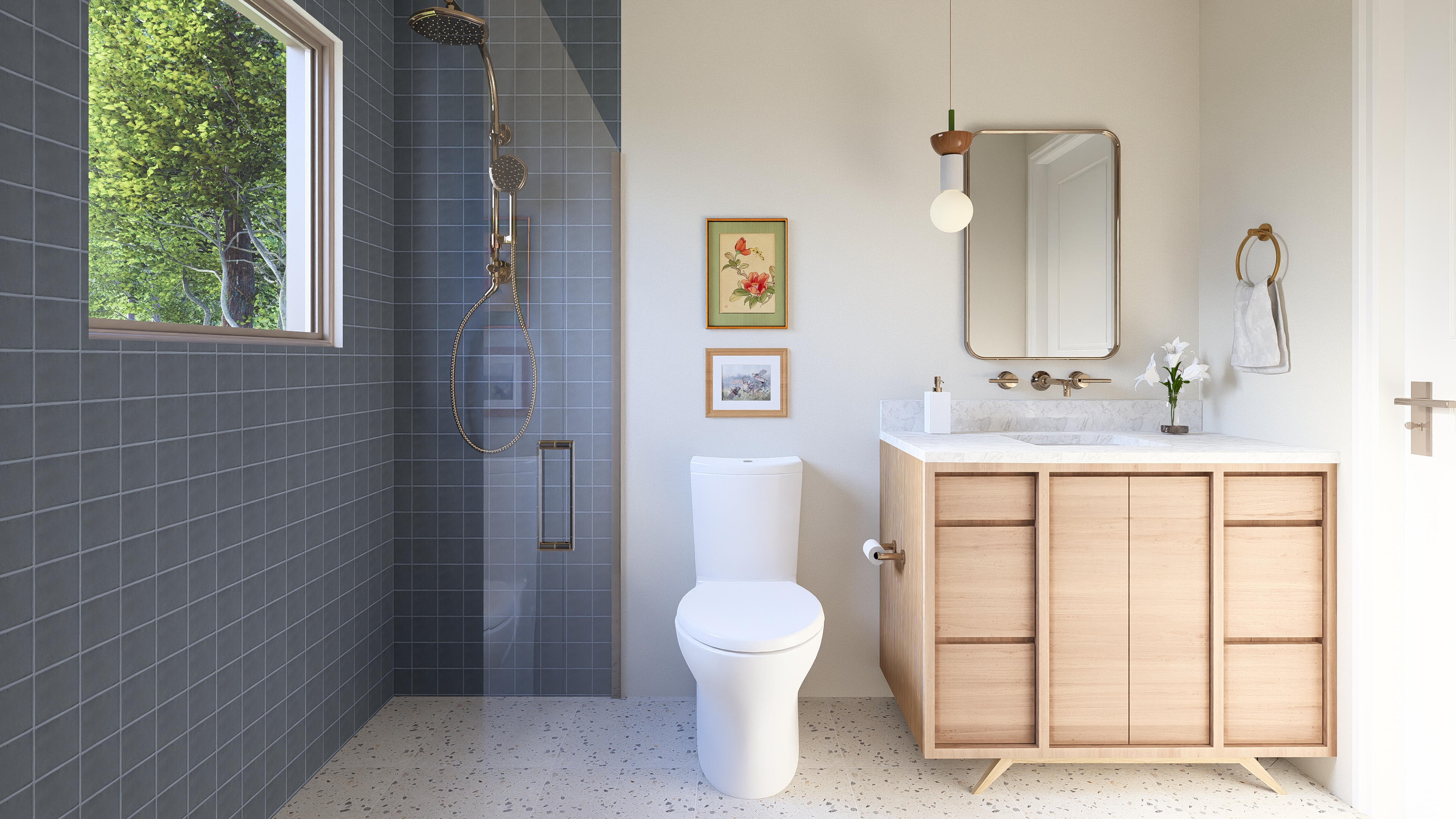 Ballard Reno detail with mid century blue 4x4 tile bathroom