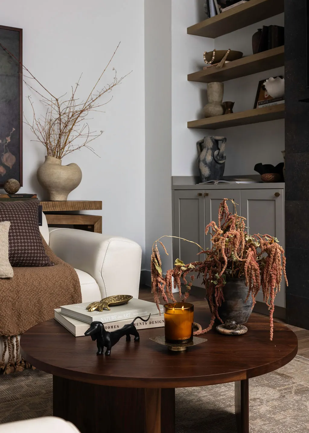 walnut coffee table vignette styling from Kenmore Treeside
