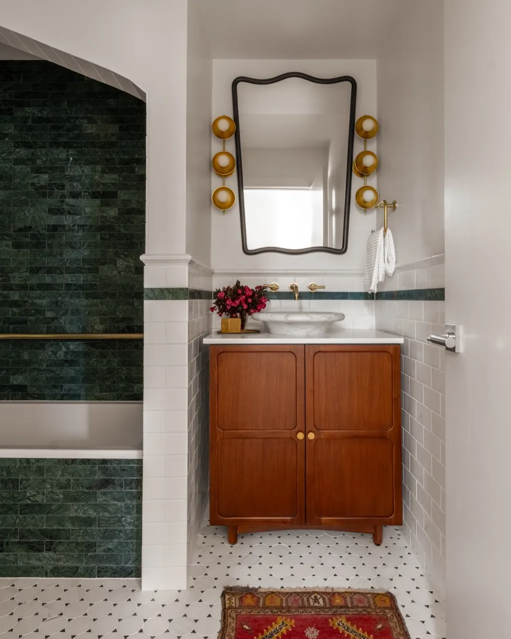Bellevue bathroom remodel design detail with bathroom green marble wood vanity