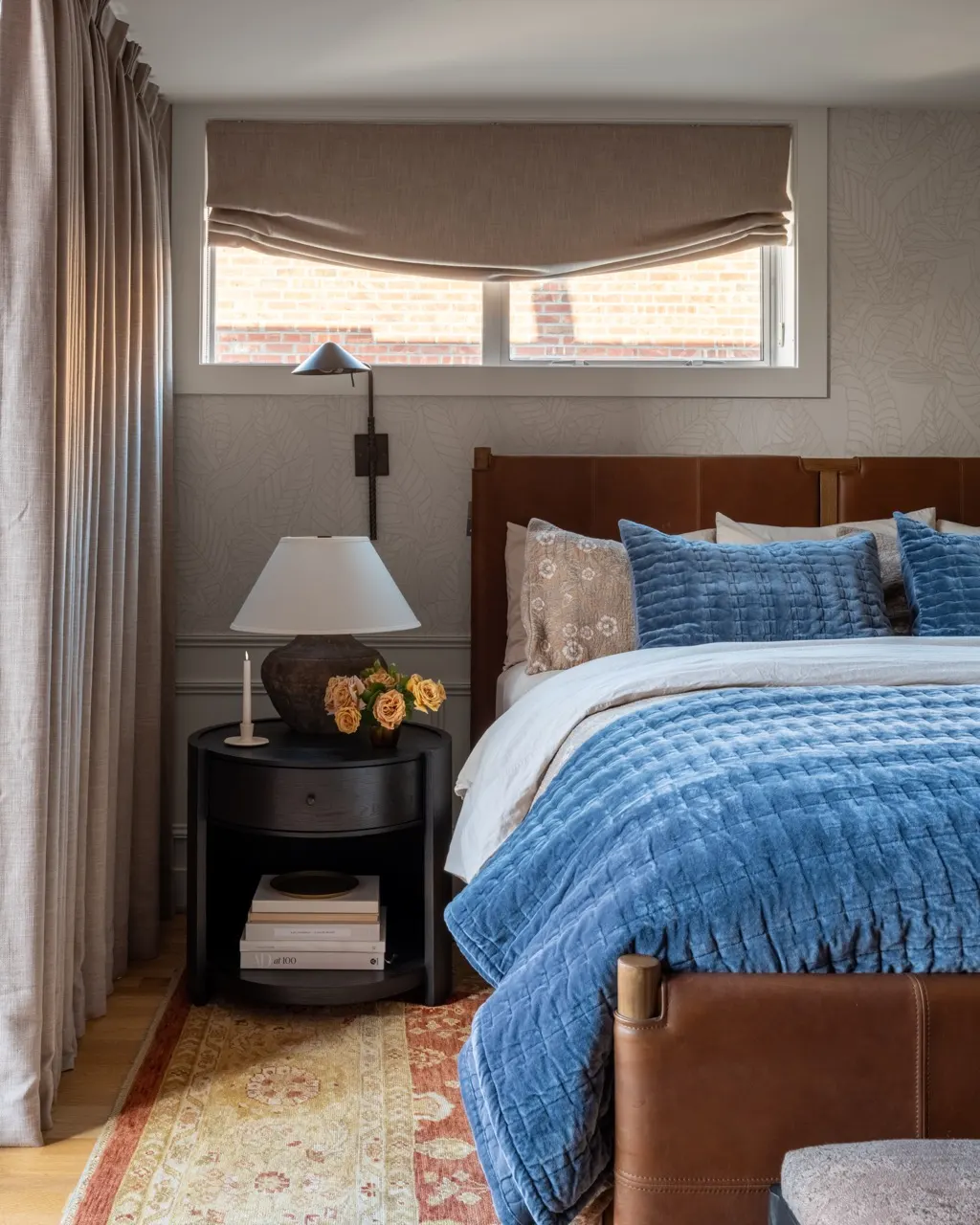 Queen Anne Crestside detail with bedroom leather headboard blue velvet bedding