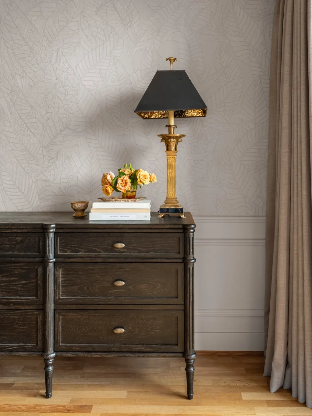 Queen Anne Crestside featuring dresser vignette brass lamp wallpaper