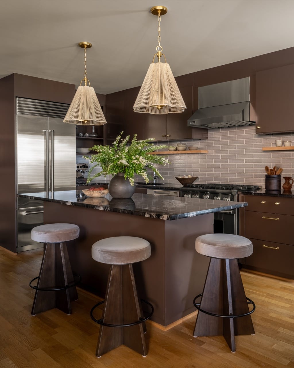 Bellevue kitchen remodel design detail with kitchen island woven pendants