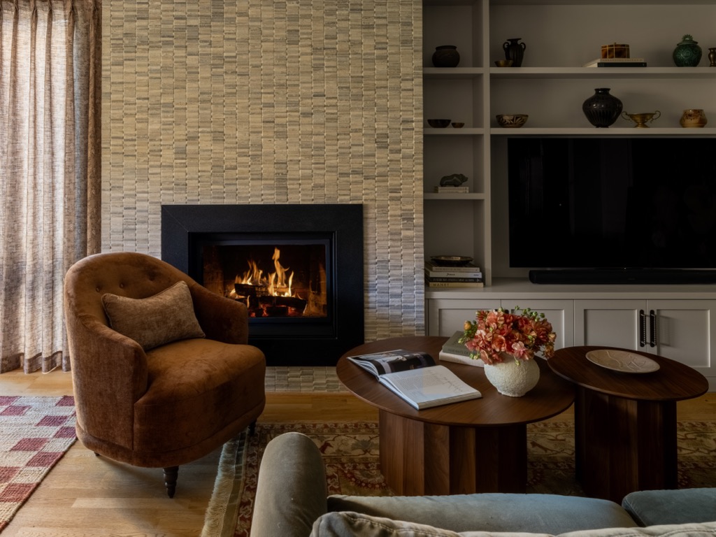 living room fireplace velvet armchair from Queen Anne Crestside