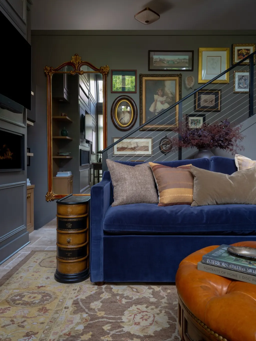 Queen Anne Crestside detail with navy velvet sofa vintage mirror