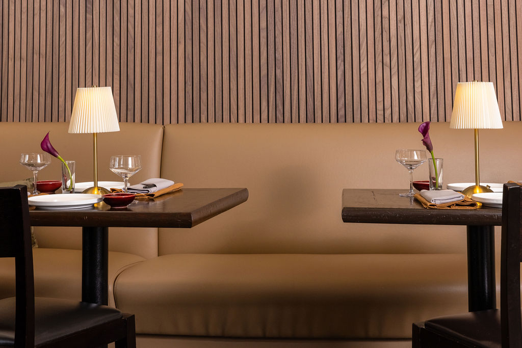 Thekoi Sushi & Sake Bar detail with banquette with slat panel restaurant