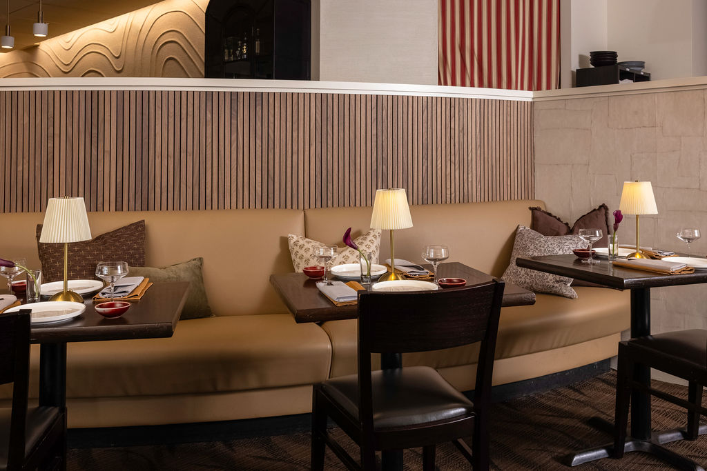 curved banquette wallpaper slat panel from Thekoi Sushi & Sake Bar