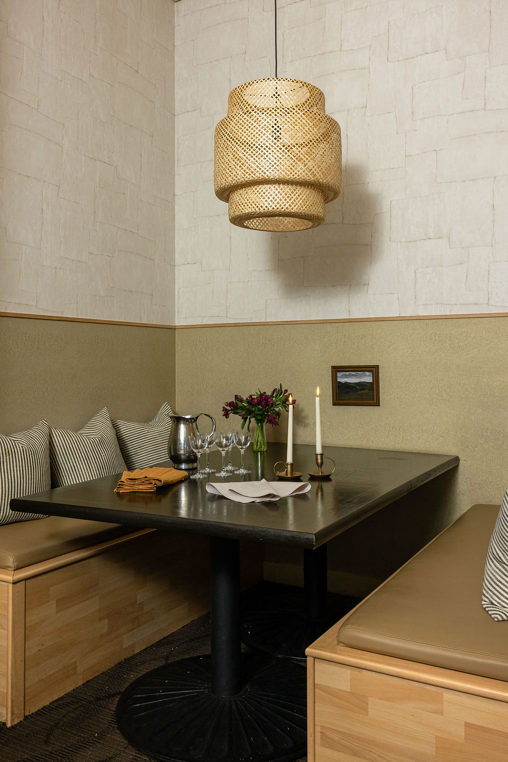 Thekoi Sushi & Sake Bar detail with rattan pendant over dining
